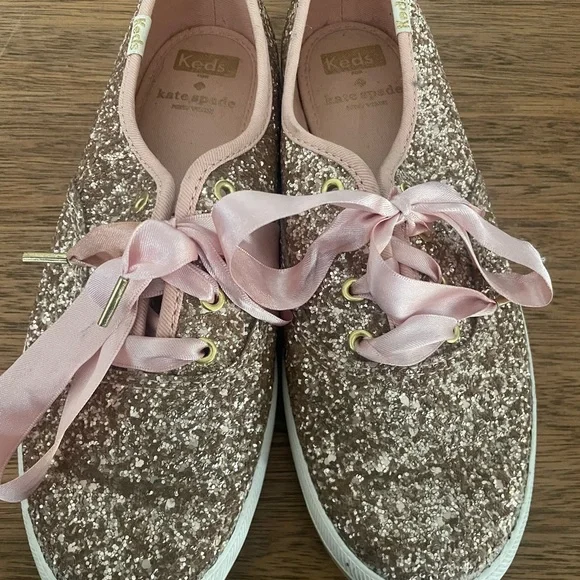 Kate Spade Keds Rose Gold Glitter Sneakers with Pink Satin Laces Size 6.5 - Picture 2 of 9